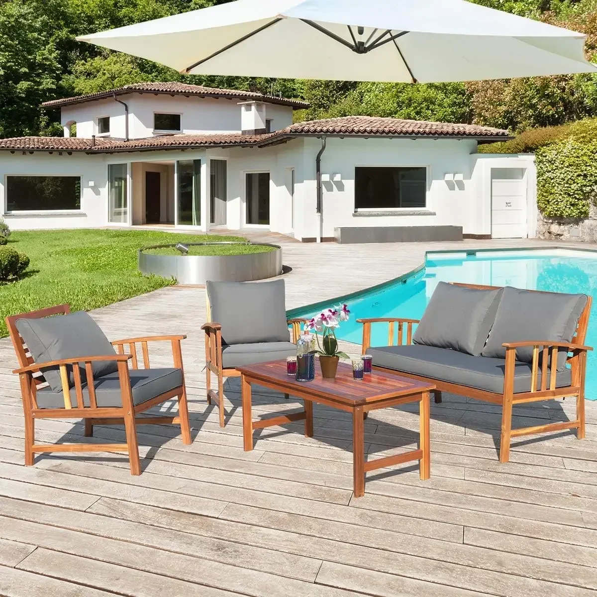 

4 PCS Acacia Wood Patio Furniture Set, Outdoor Seating Chat Set with Gray Cushions & Back Pillow