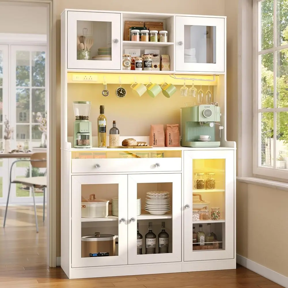 White Tall Kitchen Pantry Cabinet with Charging Station, LED Light, Wine Rack, and Microwave Stand