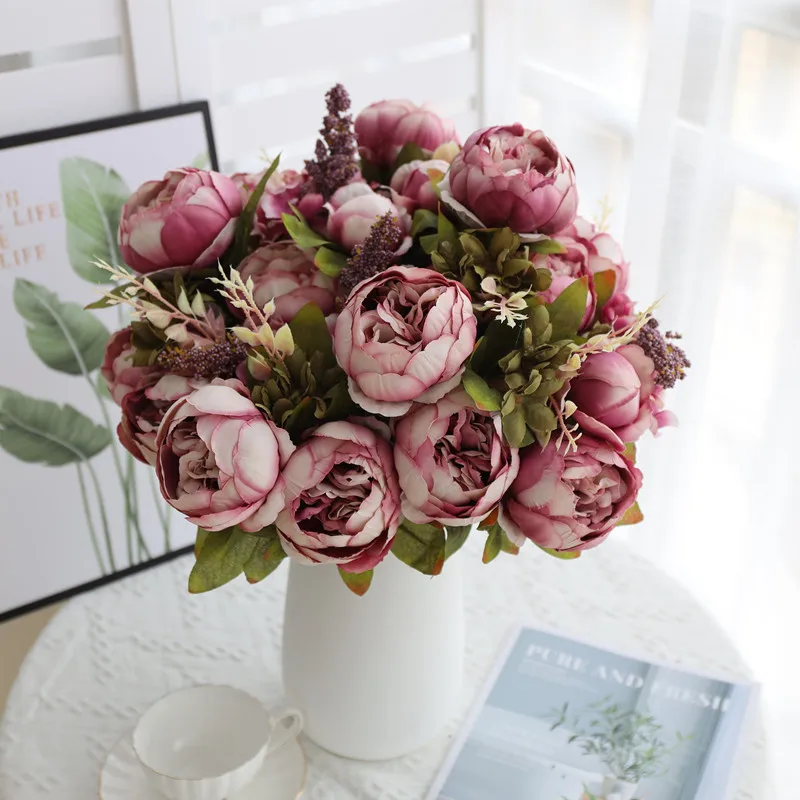 Realistic Champagne Peony Artificial Flowers Bouquet Elegant Cheap Home Wedding Decoration Table Decoration Bridal Big Flower