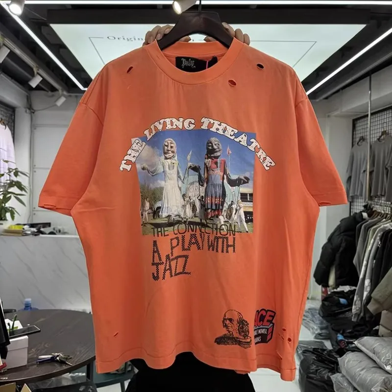 

Orange PH Paly The Living Theatre Tee Inflate Cartoon Print T Shirt Men Women Vintage Hole Damaged Cotton Loose T-shirt Top