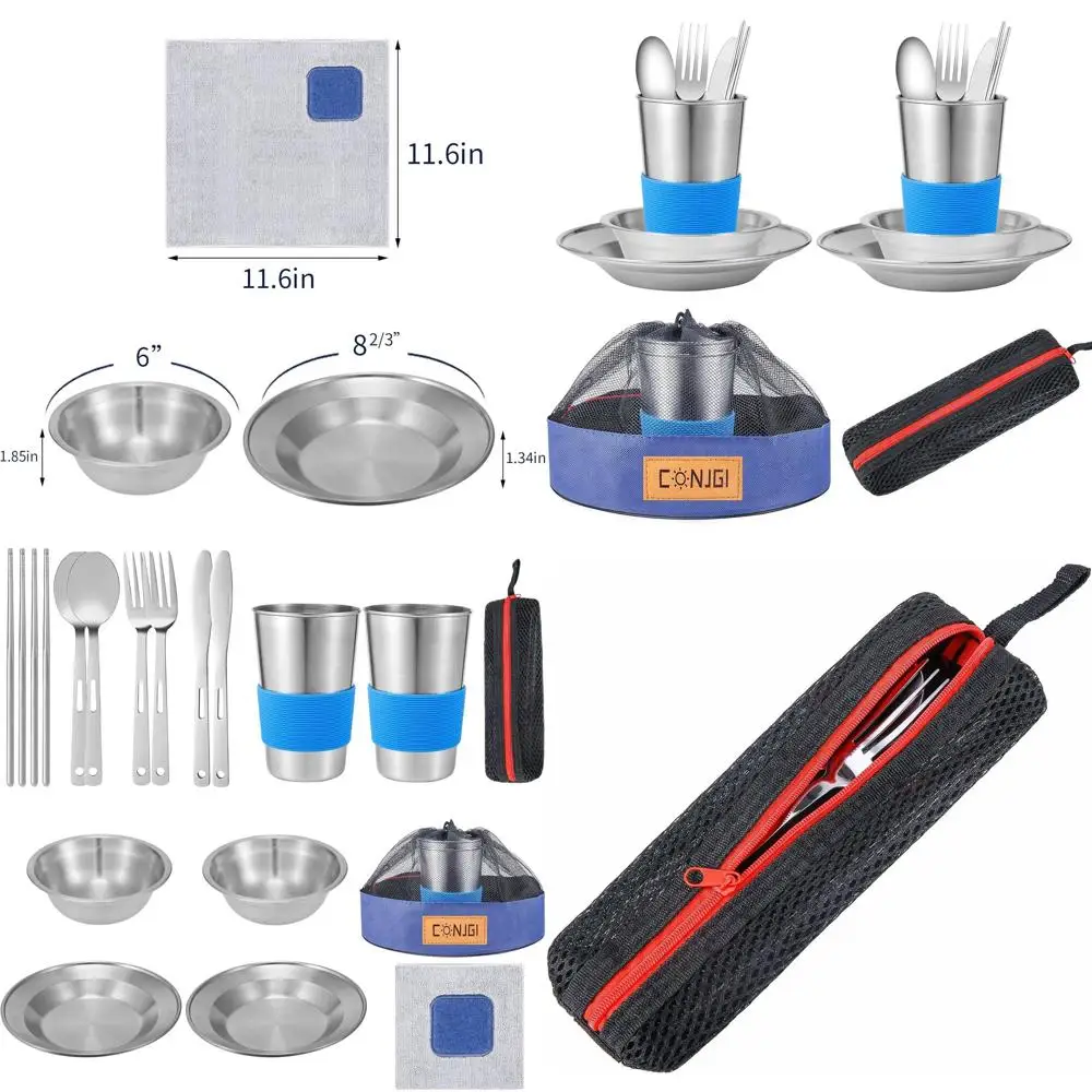 

Compact 1-2 Person Camping Dinnerware Set with Carry Bag: Includes Cups, Bowls, Plates, Cutlery