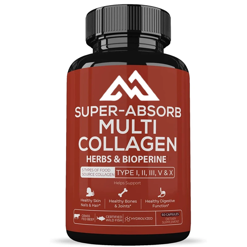 

Multi Collagen Pill (Type I II III V X) Organic Herbal and Pepper Extract - Anti Aging, Hair, Skin, Nail, Joint (60 capsules)