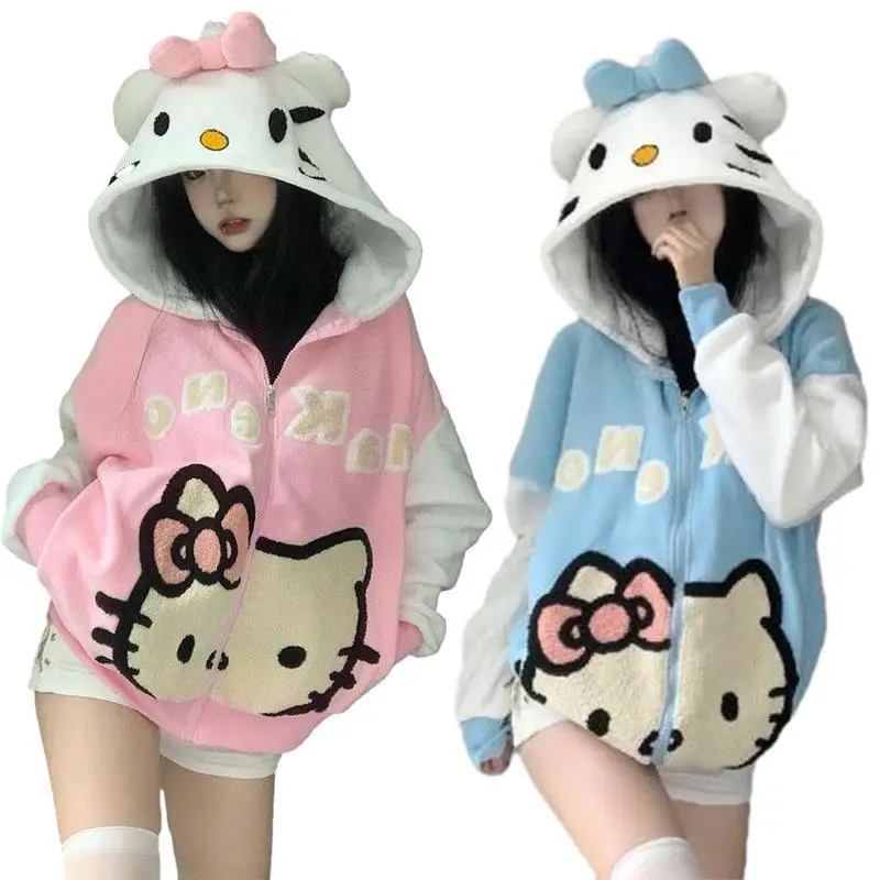 Cartoon Cute Hellokittys Anime Sweet Sherpa Hooded Sweatshirt Zipper Jacket Cartoon Cute Loose Warm Couple Fleece Sweater