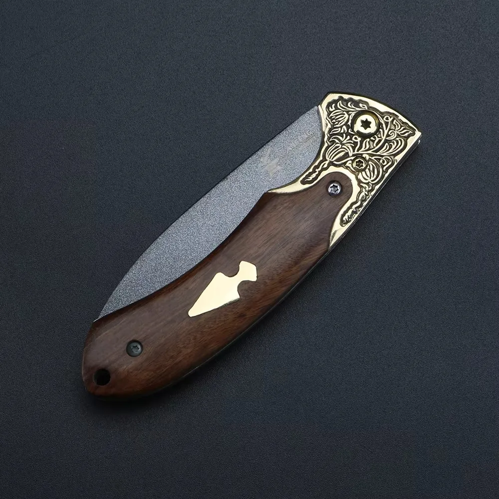 Wooden Handle Folding Knife Three Layer D2 Steel High Hardness Small Knife Brass Relief Camping Multifunctional Knife