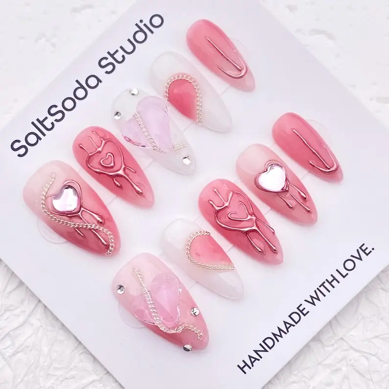 

Sweetheart rhinestone custom press-on nails, cute almond beauty, hand-pressed nail art, reusable high-quality nails