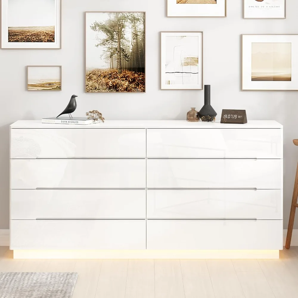 Homsee Large 8 Drawer Double Dresser with LED Light, Modern Dresser Chest of Drawers with High Gloss Surface for Bedroom, White