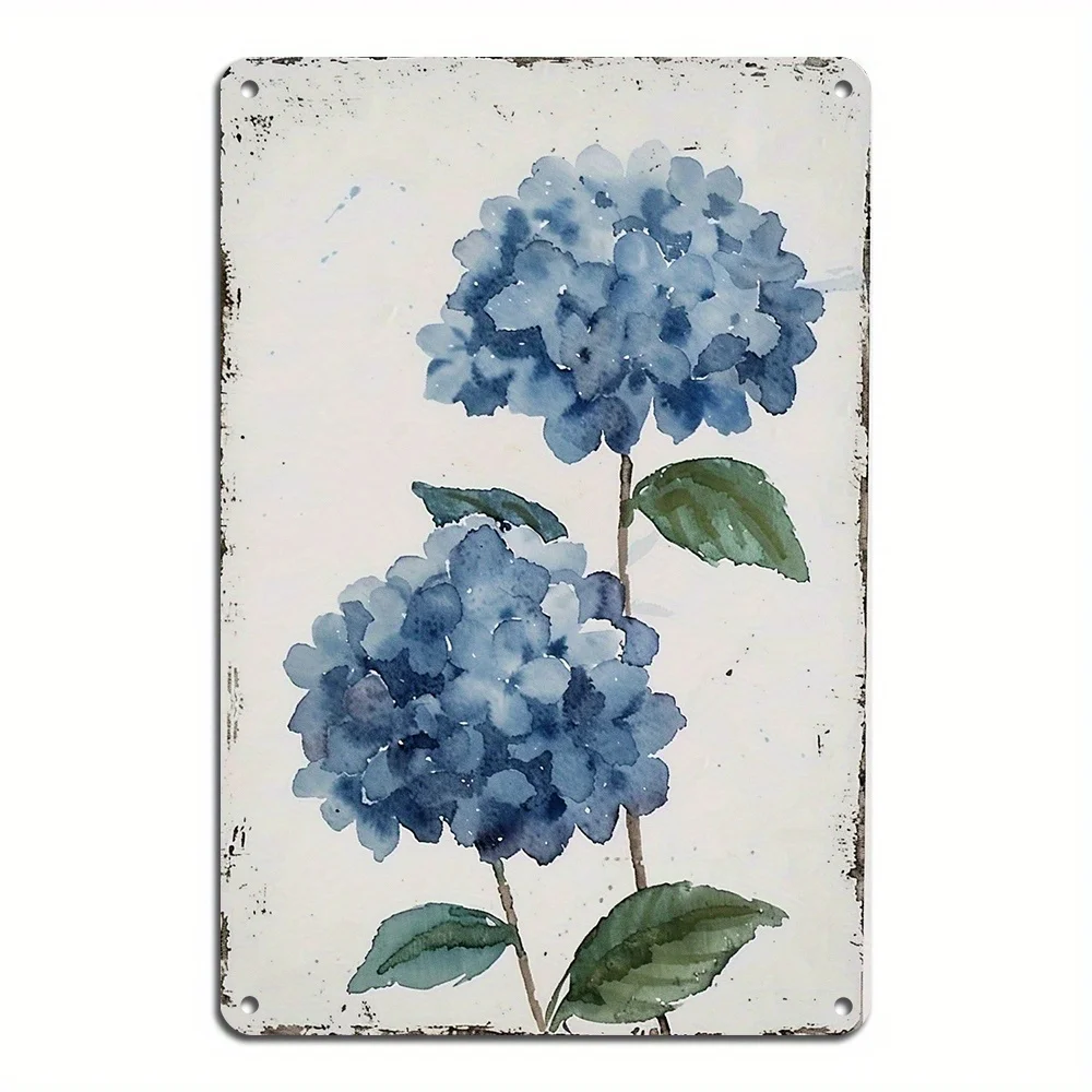 

1PC Rustic Hydrangea Watercolour Blue Botanical Metal Iron Sign Vintage Wall Art Poster for Home & Bar Decor 8x12 Inches