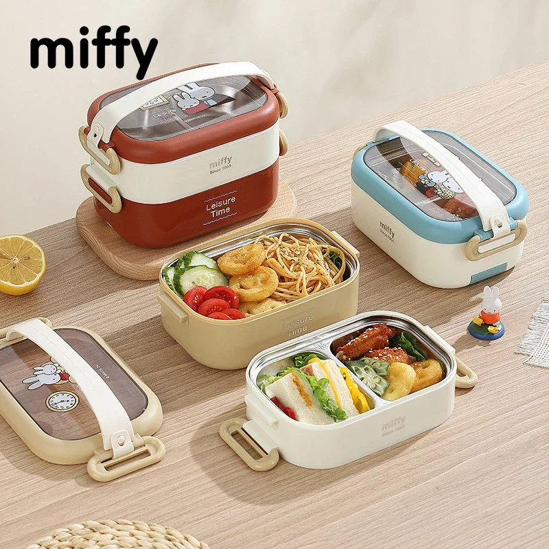 Kawaii Miffy Stainless Steel Double-decker Lunch Box Student Lunch Box Office Oval with Cutlery Lunch Box Christmas Gift Toy