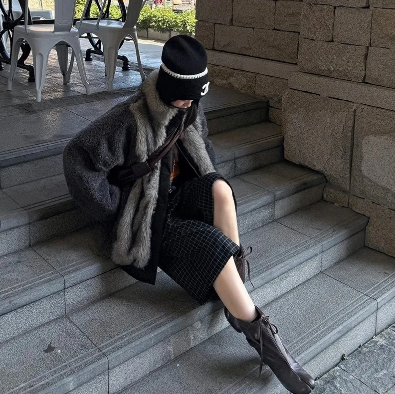 하이넥 미디 길이 프린지 코트 여성 의류 아메리칸 스타일 패션 양면 두꺼운 따뜻한 재킷 겨울 루즈핏