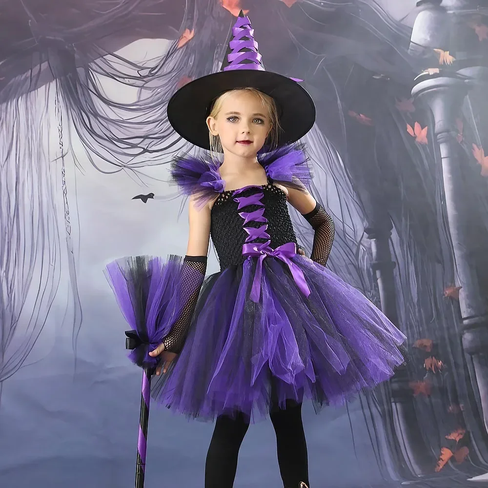 Kostum Penyihir Halloween Anak Perempuan Gaun Mewah Bermain Peran Penyihir Bayi Pesta Vestidos Karnaval Anak-anak Set Pakaian Sapu Topi 10T