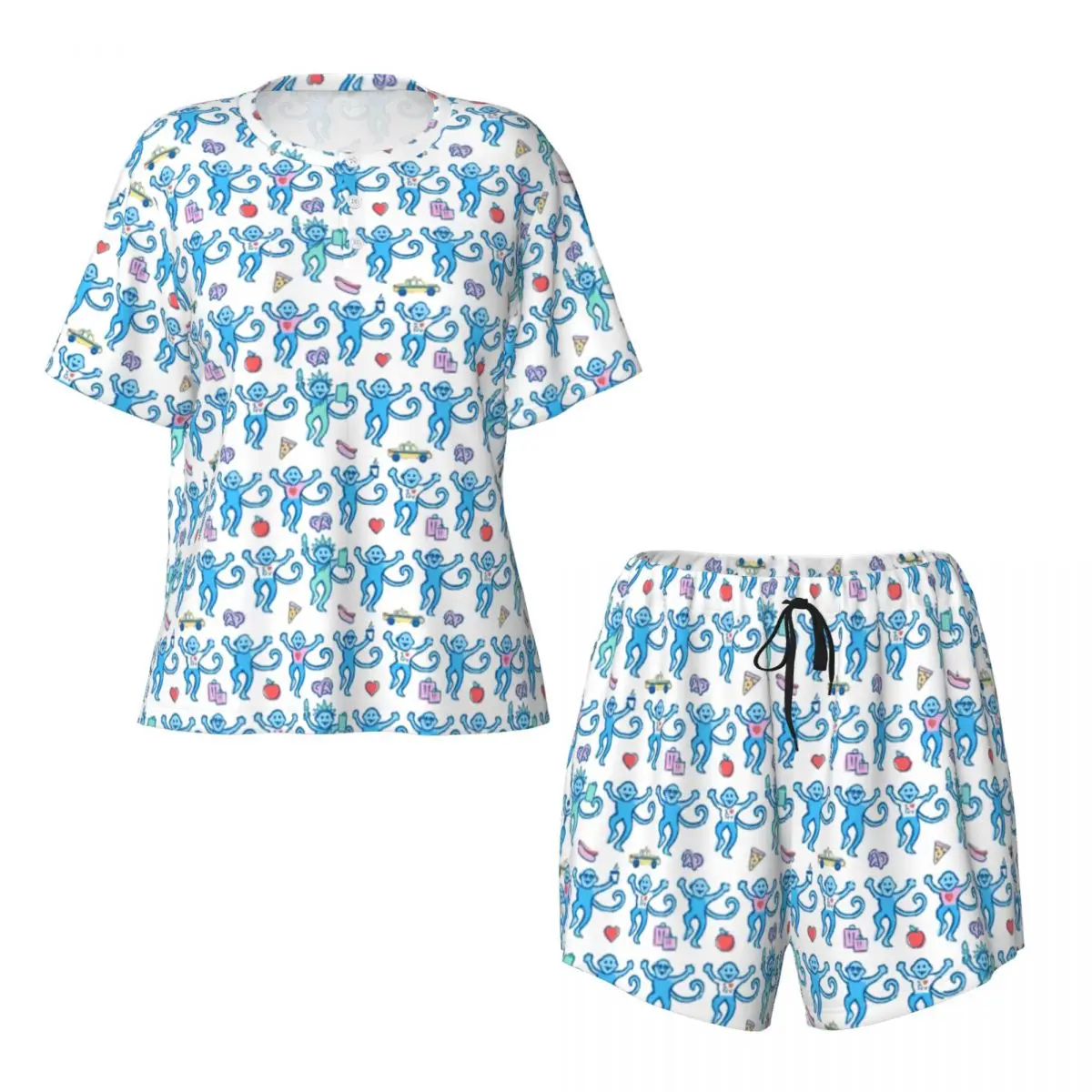 Custom Preppy Roller Monkeys Rabbit Pajamas Set for Women 2-Piece Short Sleeve Sleepwear Loungewear PJ Shorts Sets