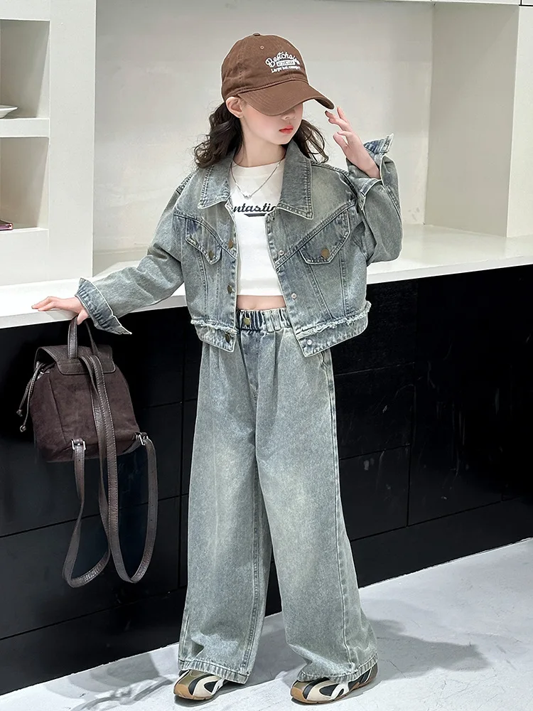 

2025Girls' Spring and Autumn New Korean Style Frayed Edge Trendy Fashion Casual Denim Two-Piece Set