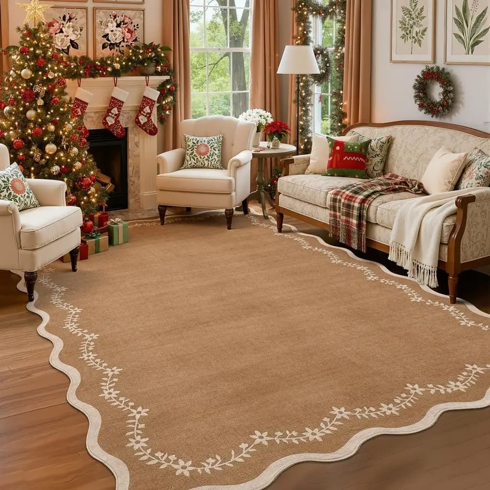 

Brown Scalloped 5x7 Rug - Soft, Low Pile, Non-Slip for Living Spaces, Bedroom, and Playrooms