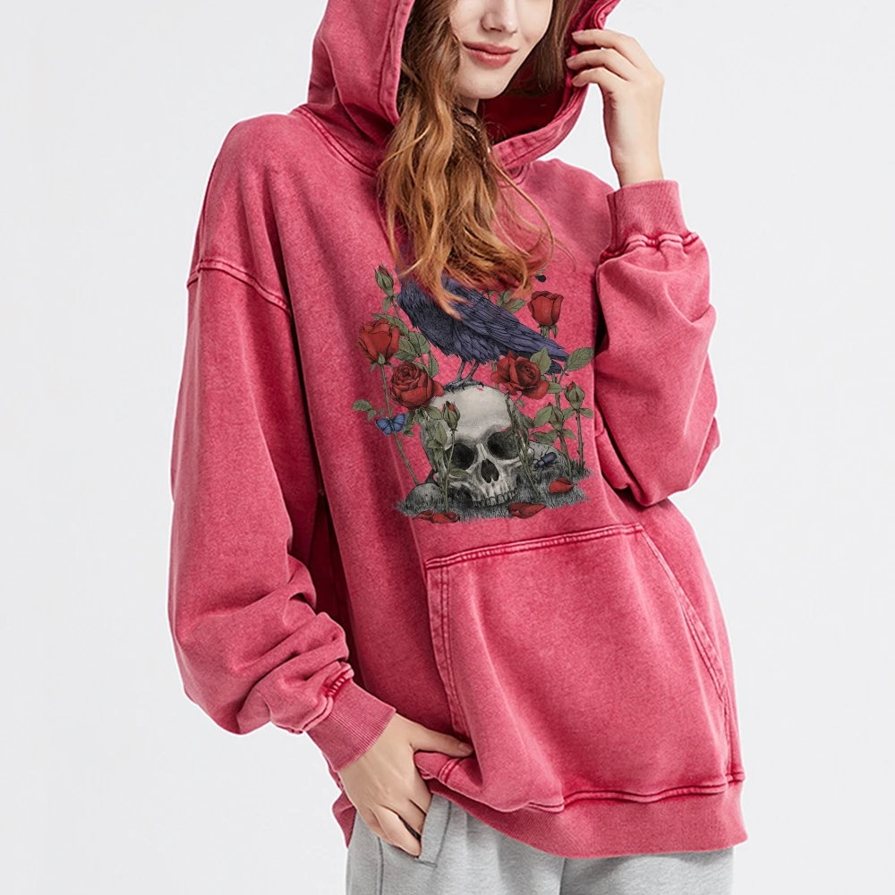 Romantic Rose Skull Print Hooded Sweater Pure Cotton High Quality Shoulder Drop Fashion New Trend New Hoodie Sweatshirt