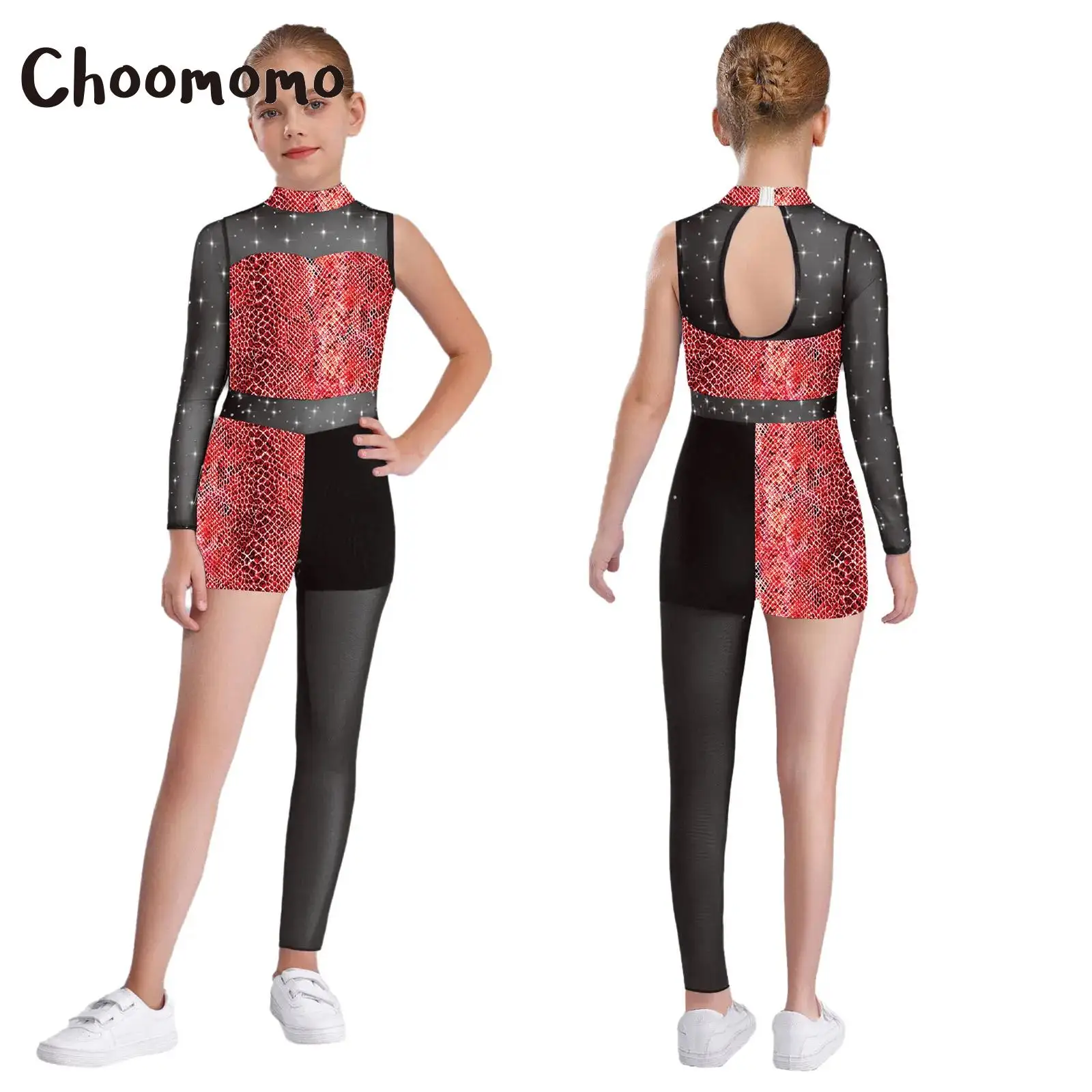 

Kids Girls Printed Gymnastics Jumpsuit Sports Leotard Rhinestones Sheer Mesh Asymmetrical Bodysuit Sparkly Workout Dance Wear