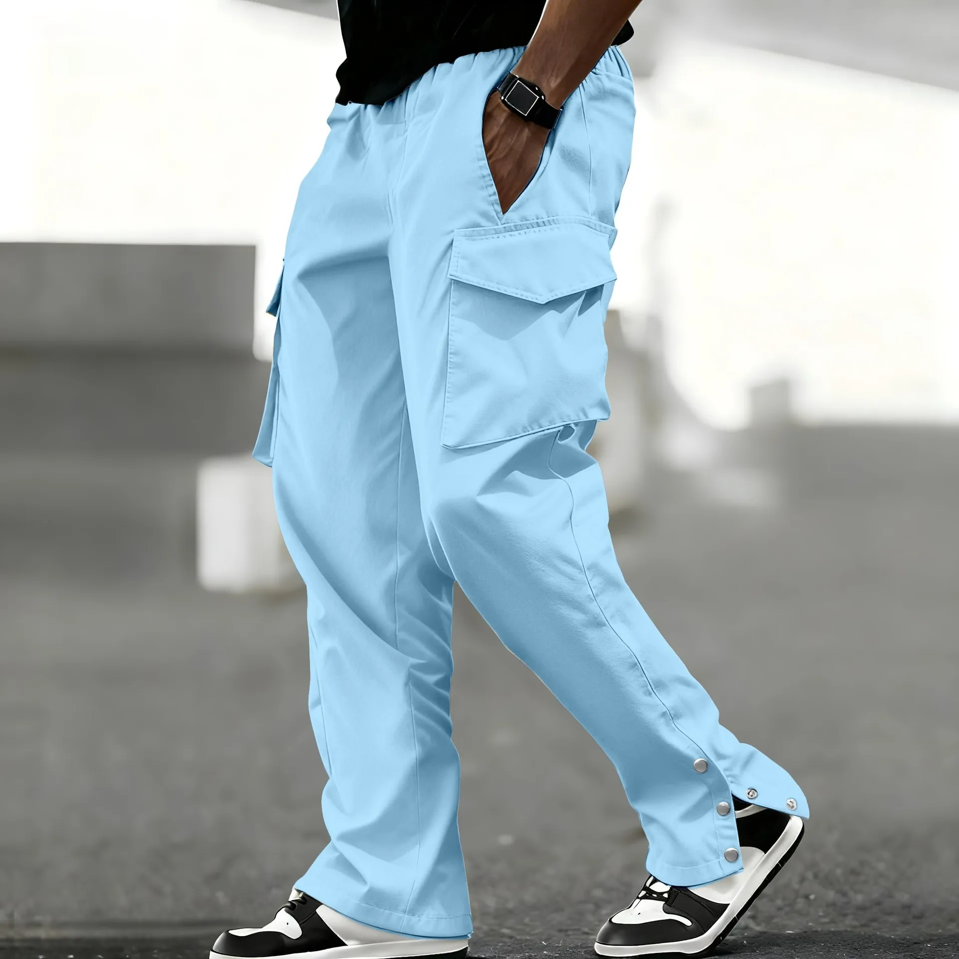 Men's loose multi-pocket work pants, casual lace-up elastic waistband, leg opening adjustable sports-style waterproof pants