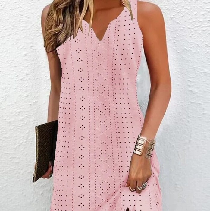 

Women's Dress 2024 Summer New Eyelet Embroidery Hollow V-Neck Casual Dress Plain Short Dress Sleeveless Mini Dress