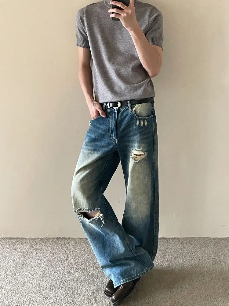 Men's Broken Hole Hip-hop Style Jeans Wide Legs Retro Pants Casual Sweatpants Cool Boy Bottom Male High Waist Denim Trousers