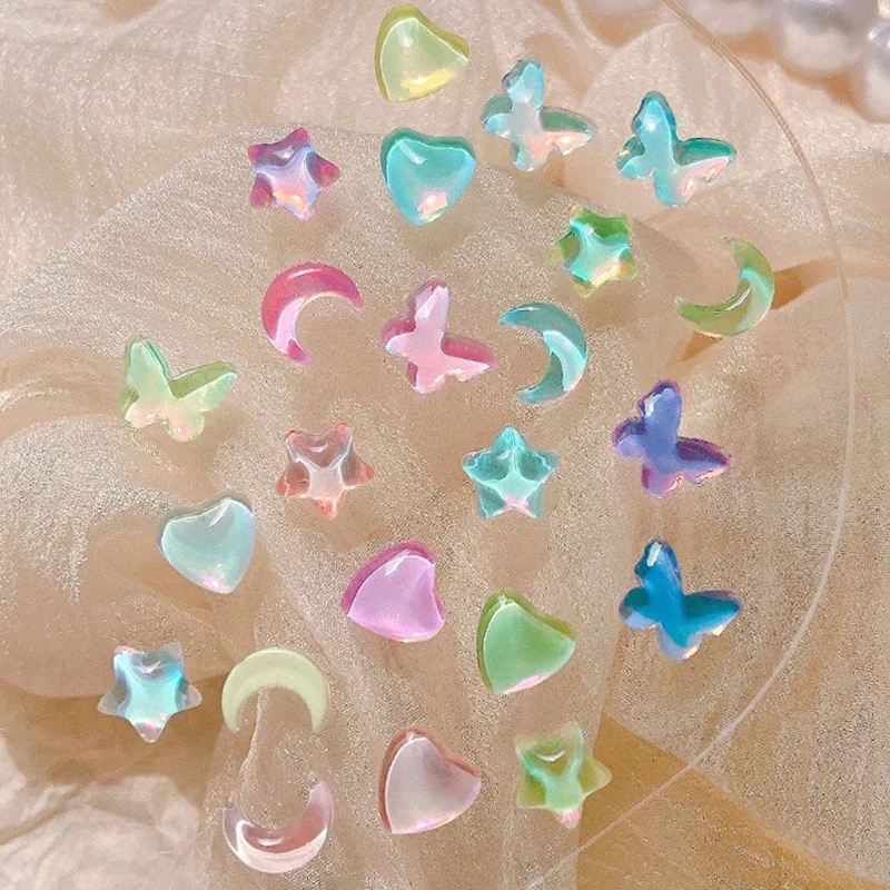 

20pcs New Butterflies Moon Star Naill Rhinestones 3D Mocha Aurora Ice Transparent Heart Press Nails DIY Kawaii Nail Charms Parts