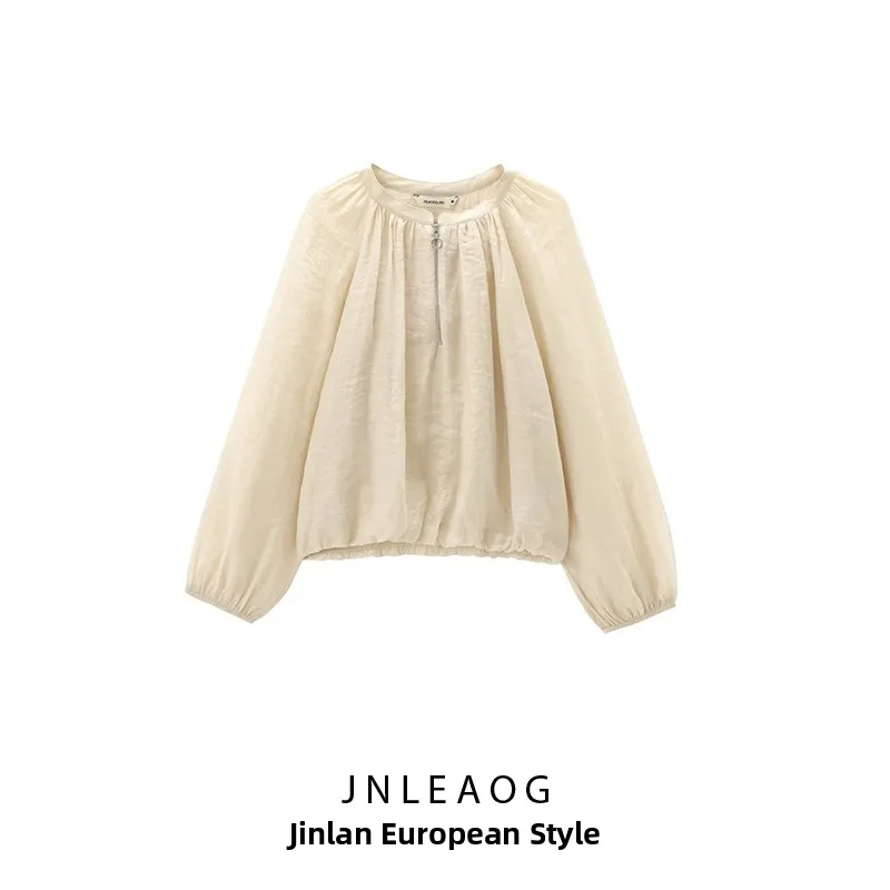 

Faionable Pure Color Zipper Top Women's Casual Sle Polyester Fiber Long Sve round Ne Regular Length Girls irt