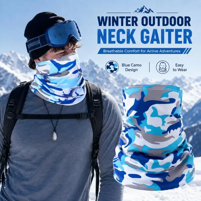 Blue Camo Neck Gaiter Face Cover, Winter Ski Mask Tube Scarf Bandana for Snowboarding Hiking Cycling Running