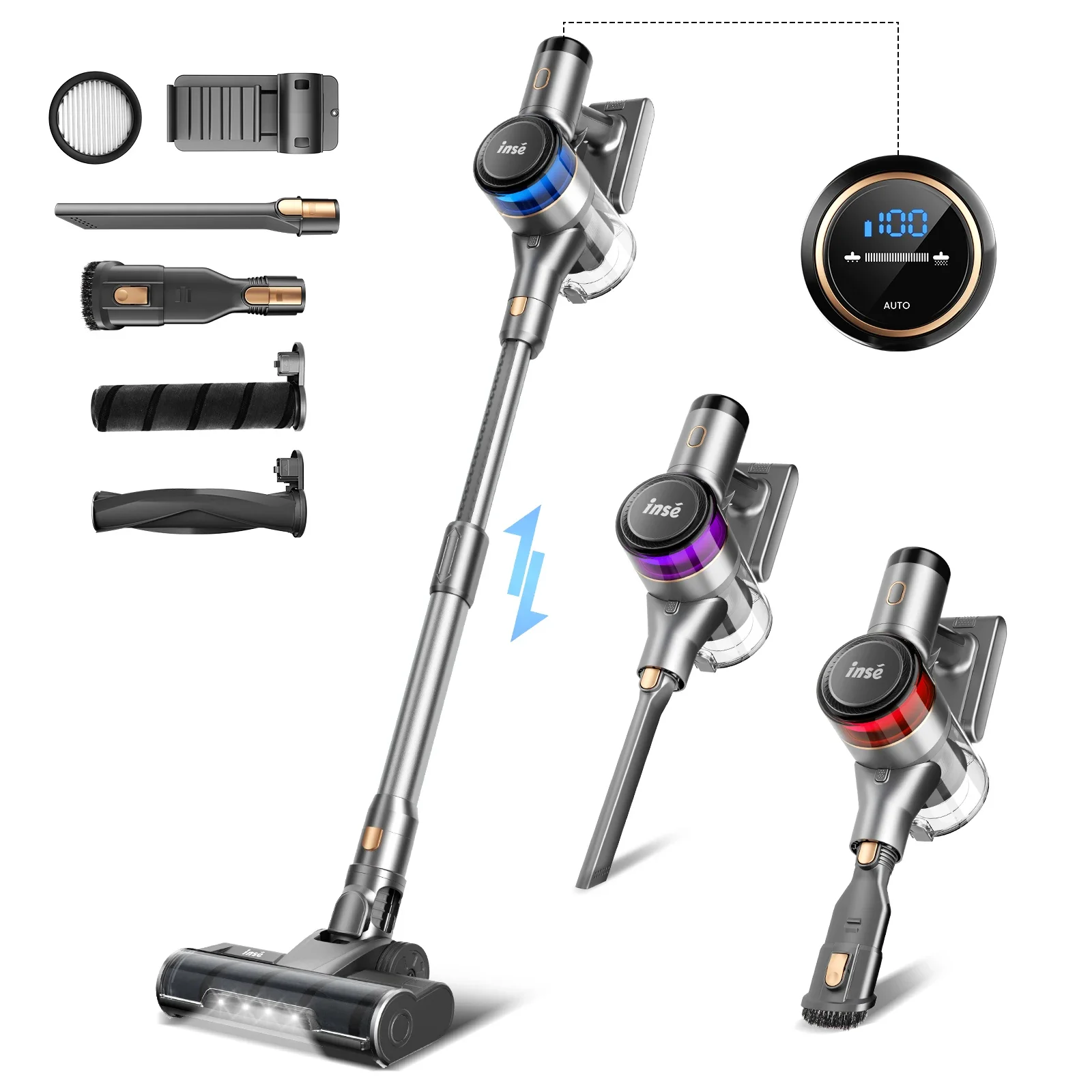 

S9 30KPa 400W Stick Cordless Vacuum Cleaner, to 55mins Runtime, 9-in-1 Stick Vac Hardwood Floor Pet Hair Car