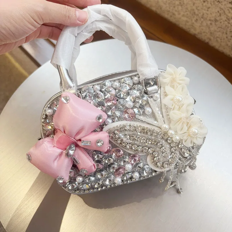 

2025 New Brand Luxury Designer Women Bow Pearl Diamonds Handbags Casual Rhinestone Wedding Party Evening Cluth Bag Messenger Bag