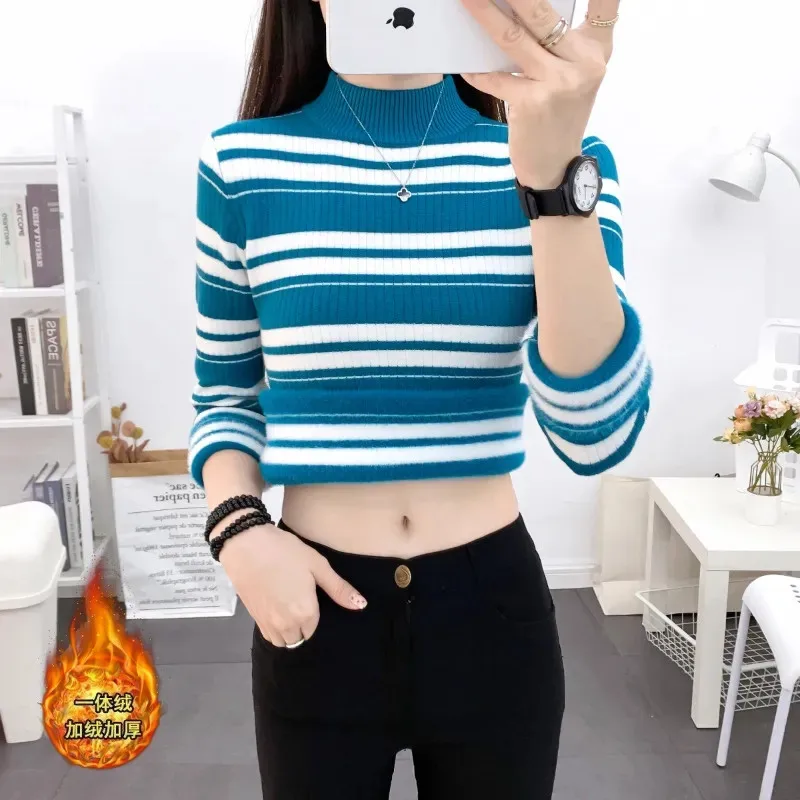 

One Body Velvet Sweater Women's Winter Add Velvet Thicken Keep Warm Long Sleeves Half High Collar Knitting Shirt Bottoming Shirt