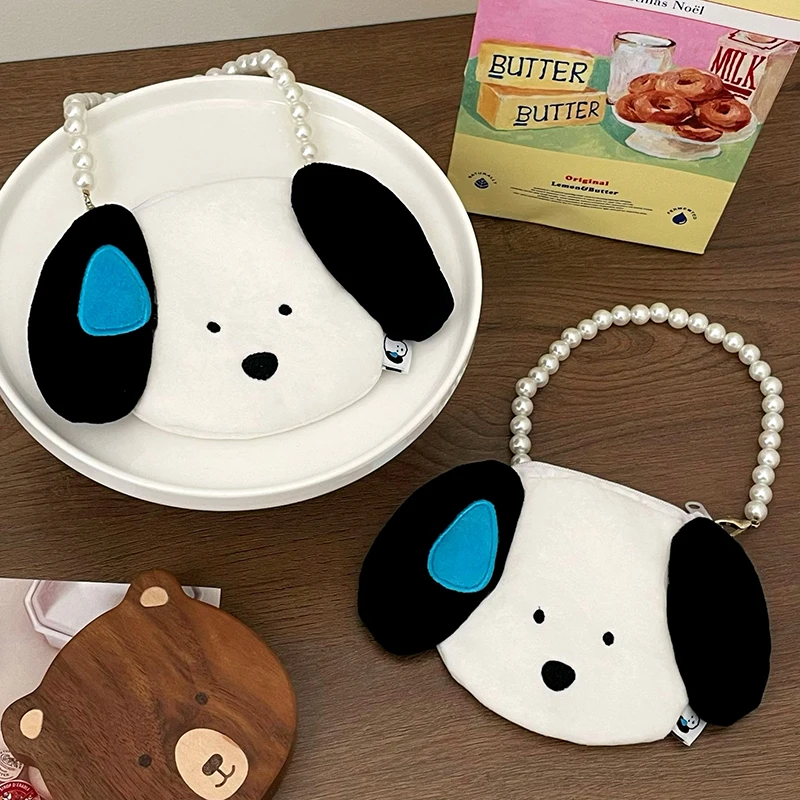

Cute Puppy Pearl Handbag Exquisite Cartoon Animal Plush Coin Purse Large Capacity Portable Lipstick Earphone Storage Bag