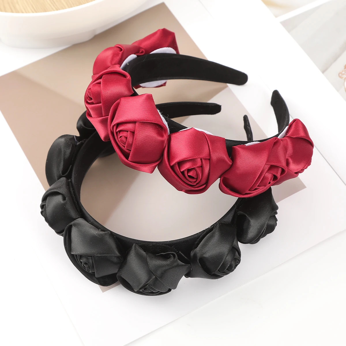 AWAYTR Rosebud Flower Hair Hoop Bands Farbic Hairband Cross Top Knot Headband for Women Fashion Girl Hair Accessories Headdress