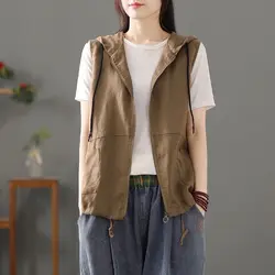 Womens Cotton And Linen Solid Color Hooded Zippered Vest Jacket