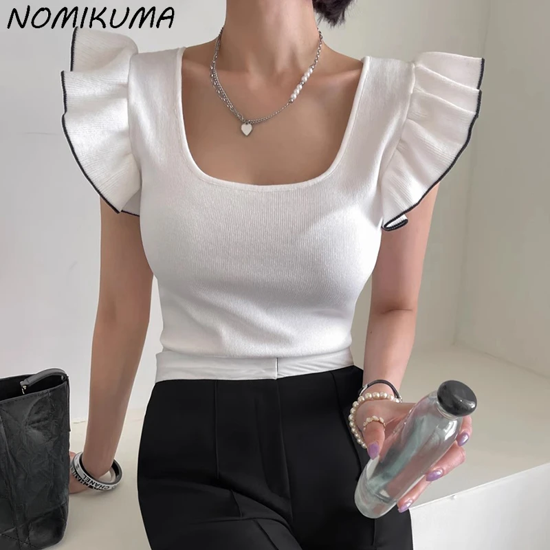 Nomikuma Korean Chic Summer Niche Design Square Neck Slim Fit Versatile Back Tie Fly Sleeve Knit Sweater Top Shirt for Women