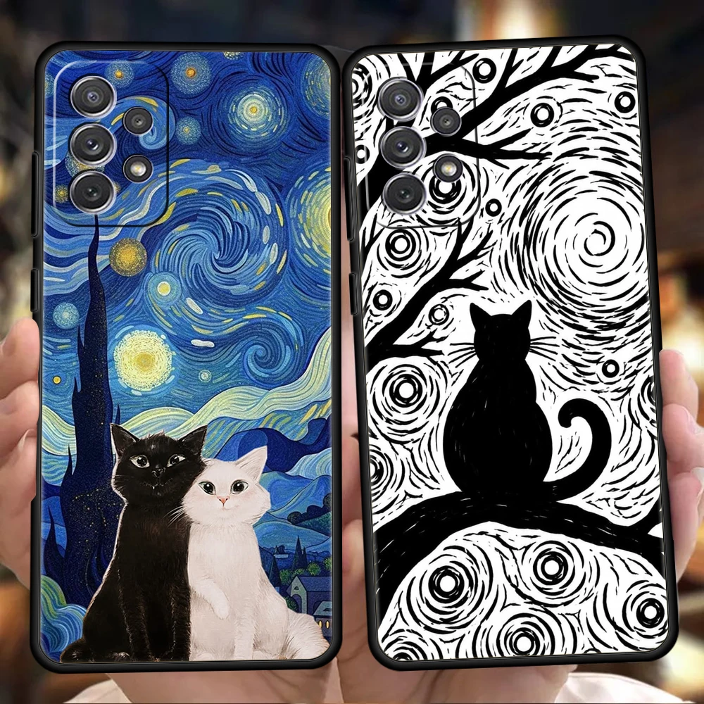 Phone Case For Samsung A17 A15 A13 A51 A71 A41 A07 A05S A35 A55 A23 A25 A33 A53 A73 A57 A37 5G Cover Gogh At Night Cat