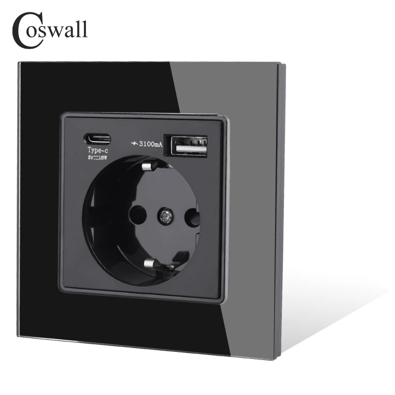 COSWALL Glass Panel EU Russia Wall Power Socket Grounded With 18W Type-A & C Dual USB Fast Charger