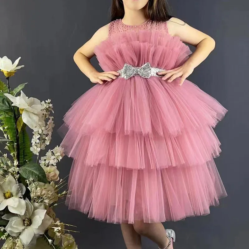 Toddler Girl Sequins Birthday Tulle Dress O-Neck Bow Wedding Gown Kids Party Wear Princess Pink Dress Baby Girl Bowknot Dresses