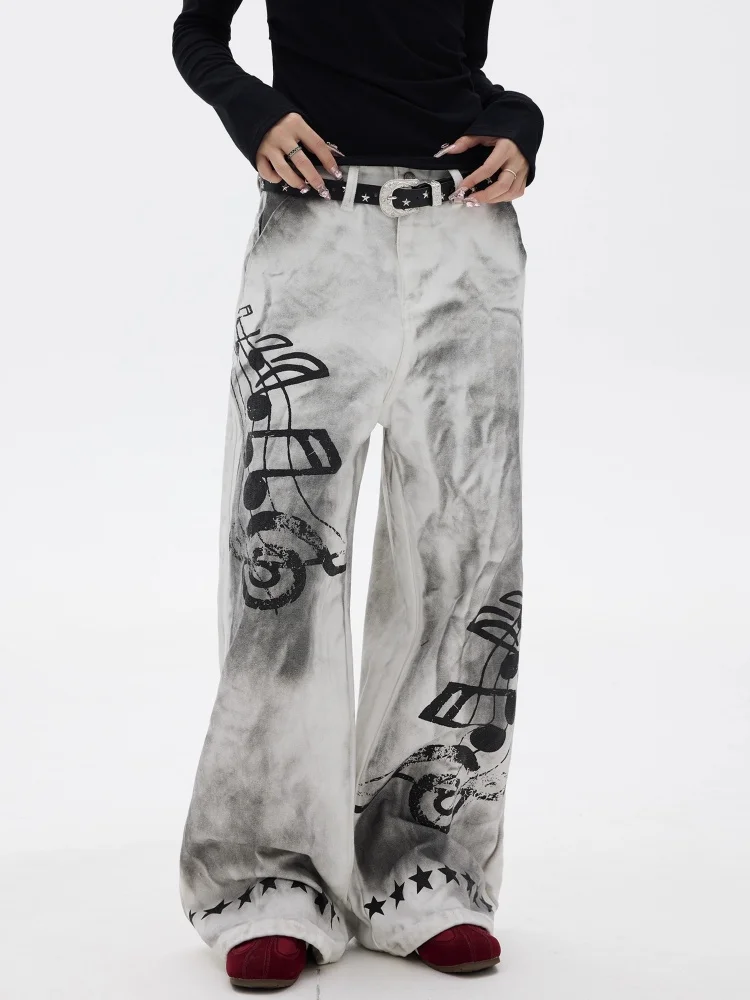 2025 cyber y2k streetwear sujo lavado branco nota musical impresso calças jeans femininas para roupas femininas perna larga calças compridas