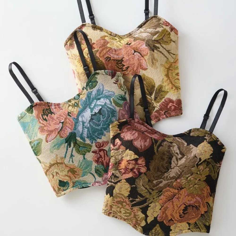 Elegant Retro One-Piece Thin Vest Floral Embroidery with Chest Pad Short Top Sleeveless Camisoles Summer