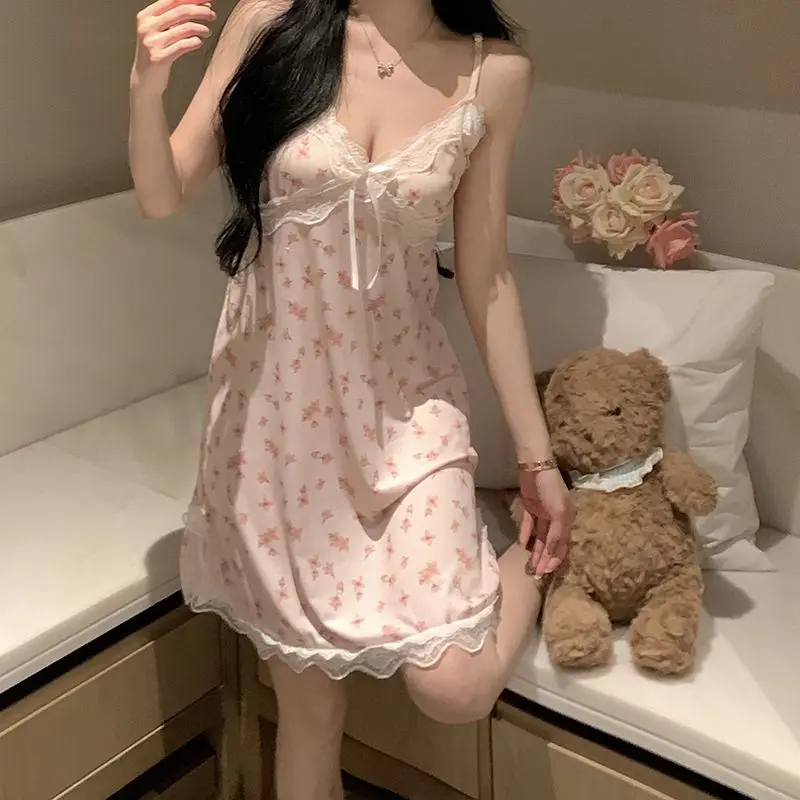 Lace Trim Leopard Nightdress V Neck Backless Side Split Slip Sleep Dress Women's Sleepwear Dresses