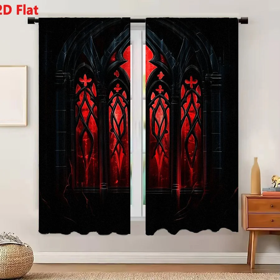 2Pcs Curtains 2D Flat Gothic Stained Glass Window With Red Glow And Black Iron Tracery Window Drapes for Bedroom Room Decor Deco