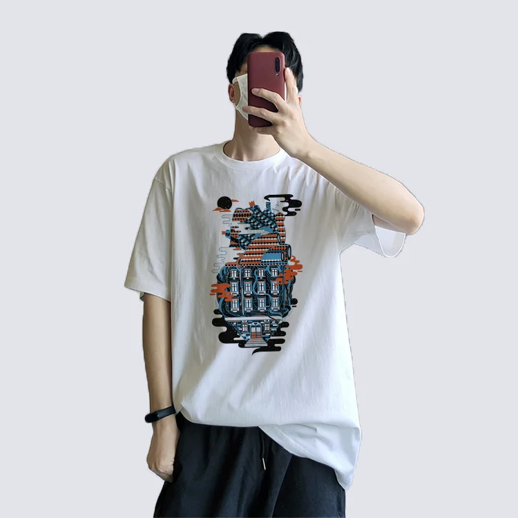 

Cotton heavy 2024 summer wind High street dark tide brand short sleeve printed men's and women loose and handsome top tide