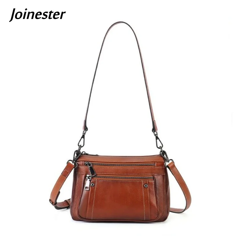 Women's Genuine Leather Multi Zipper Shoulder Bag Pure Color Versatile Cowhide Messenger Bags Retro Style Satchel for Girls