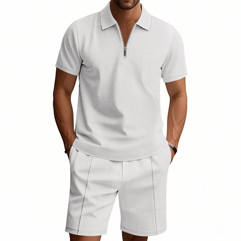 Summer Men's Simple Casual Loose Zipper Short-sleeved POLO Shirt Beach Shorts Suit