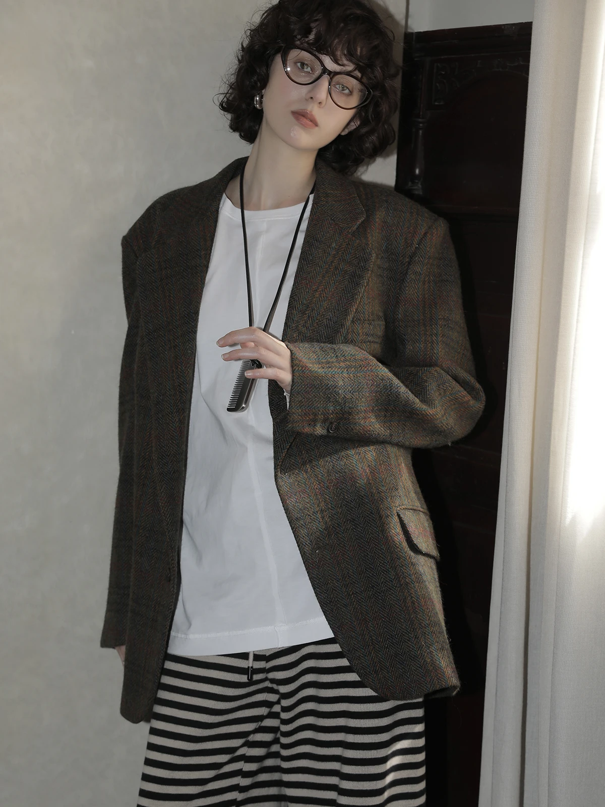 

Molin Vintage i Mixed Color Tweed Woolen Suit Casual Coat Women's Commute Sle Loose Fit Long Sve ort Length