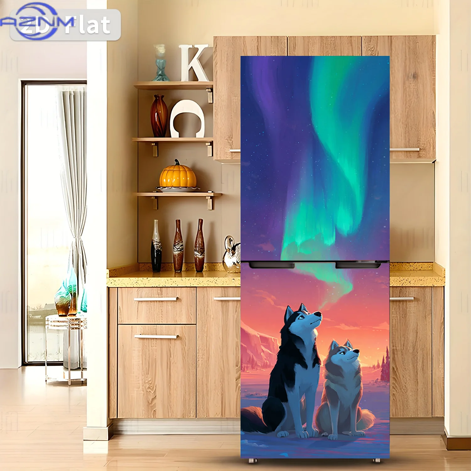 1pc of Refrigerator Sticker Measuring Featuring a Theme Design of Two Dogs Under The Aurora. Self-Adhesive Wall Decoration Sui