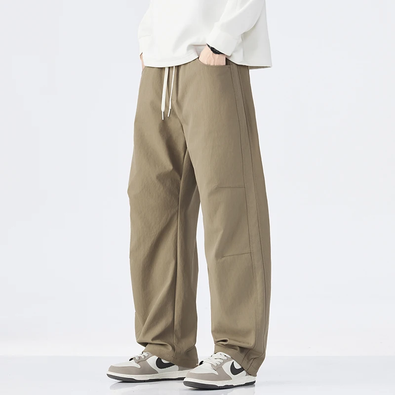 

2026, весенне-осенние новые свободные брюки с изогнутыми ножками в стиле ретро для мужчин, одежда на молнии, однотонные брюки с большими карманами