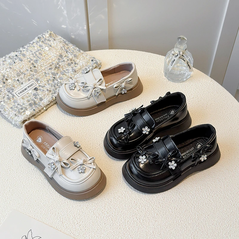 Girls Leather School Mary Jane Shoes 2025 New Autumn Toddler Princess Shoes with Floral Bow Soft Sole Elegant Kids Party Flats