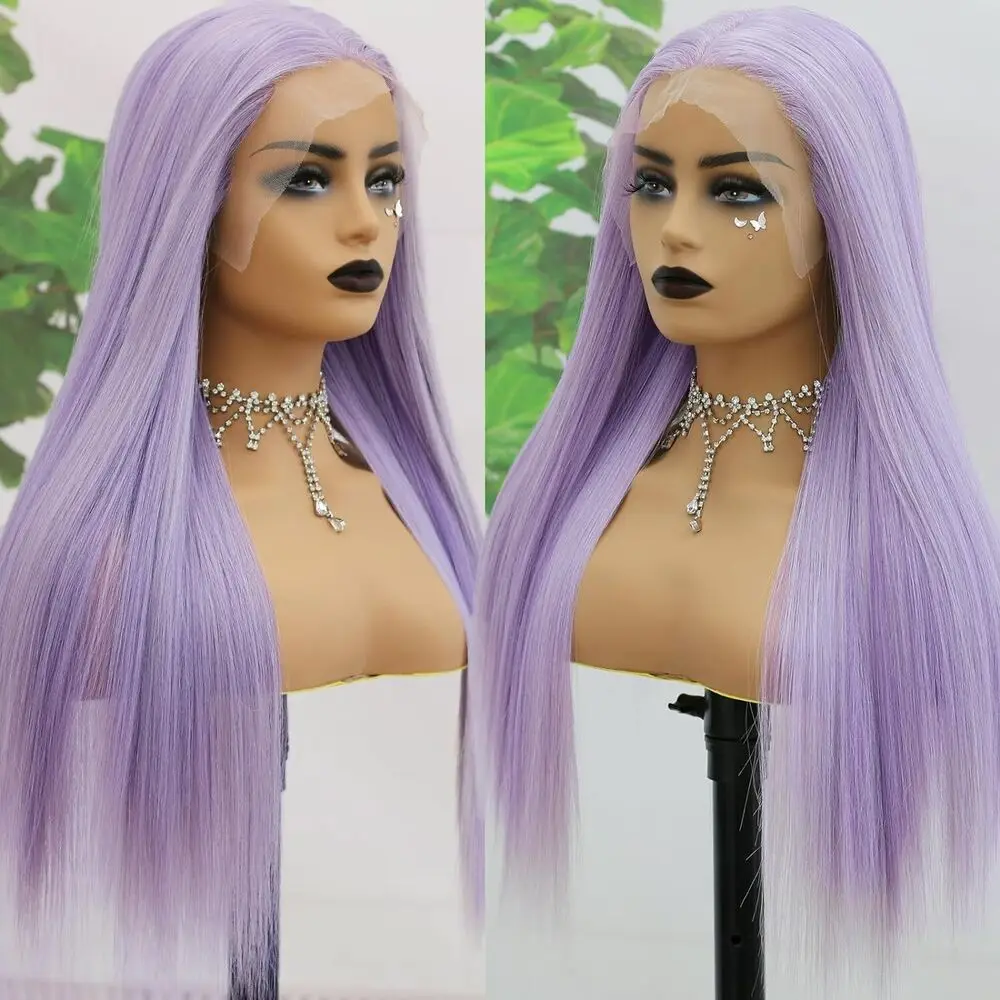 Glueless Light Purple Synthetic Frontal Lace Wigs Pre Plucked Natural Hairline