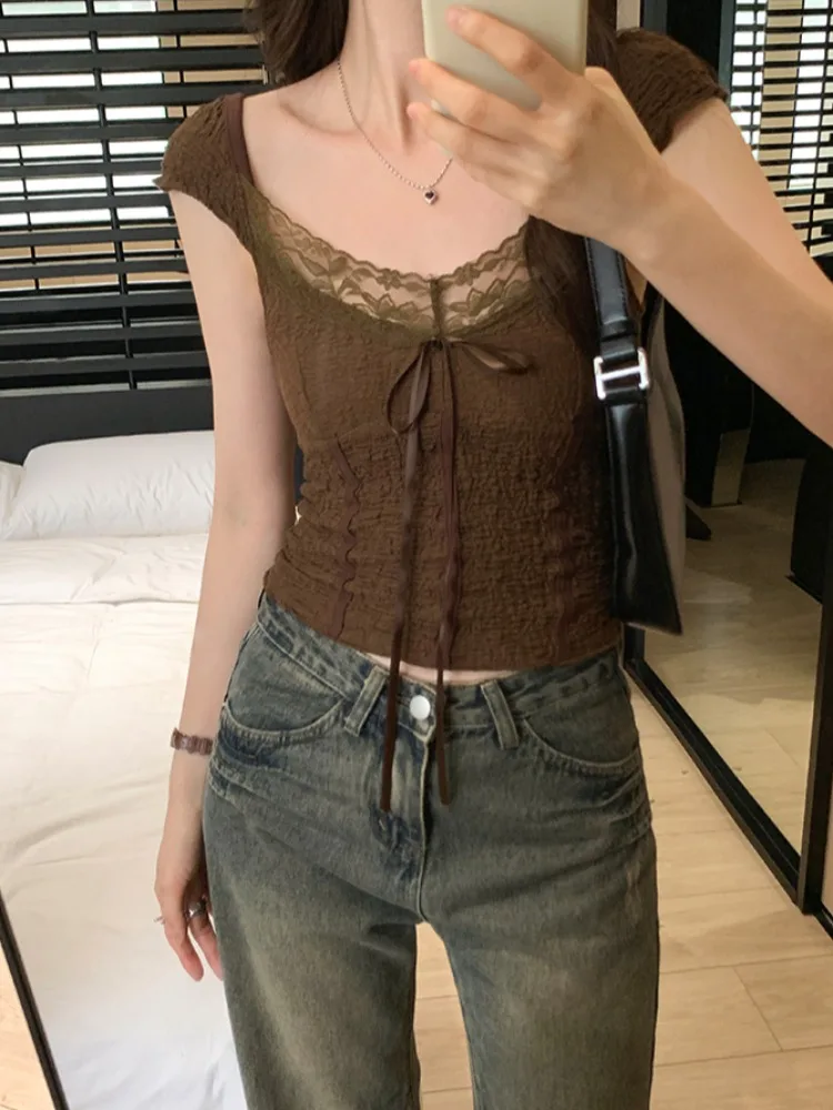 Lace Patchwork V-neck Spicy Girl Strap Vest Women's Summer New Design Short Outerwear Top Skin-friendly Breathable Nylon