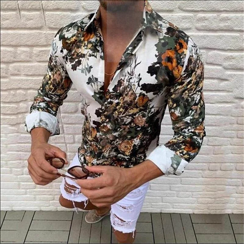

Men's Long Sleeve Floral Shirt Autumn Winter Fashion PU Leather Velvet Material Windsor Collar Ethnic Style Non-Shrinking Non...
