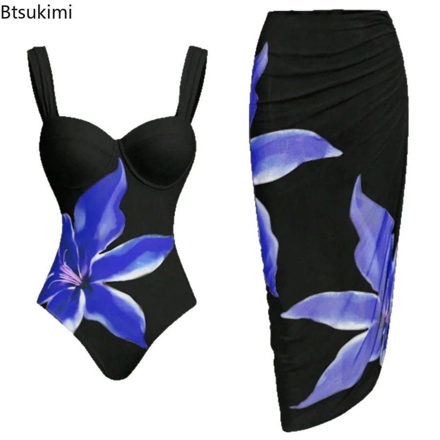Women's One Piece Swimsuit Floral Printed Style Slim Fit Sexy Beach Skirt Bikini Sets Hot Spring Swimwear Set Bathing Suit New